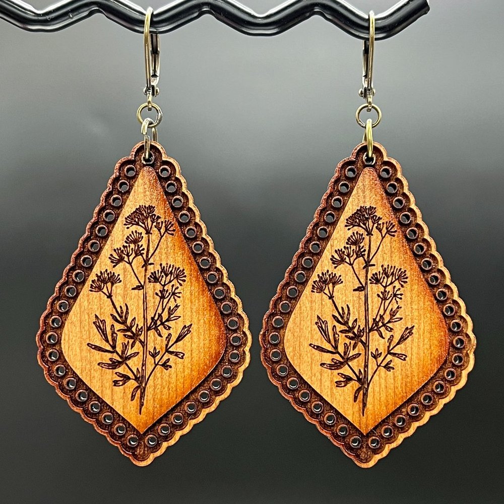 Handmade Wooden Teardrop Earrings with Botanical Design - Brown
